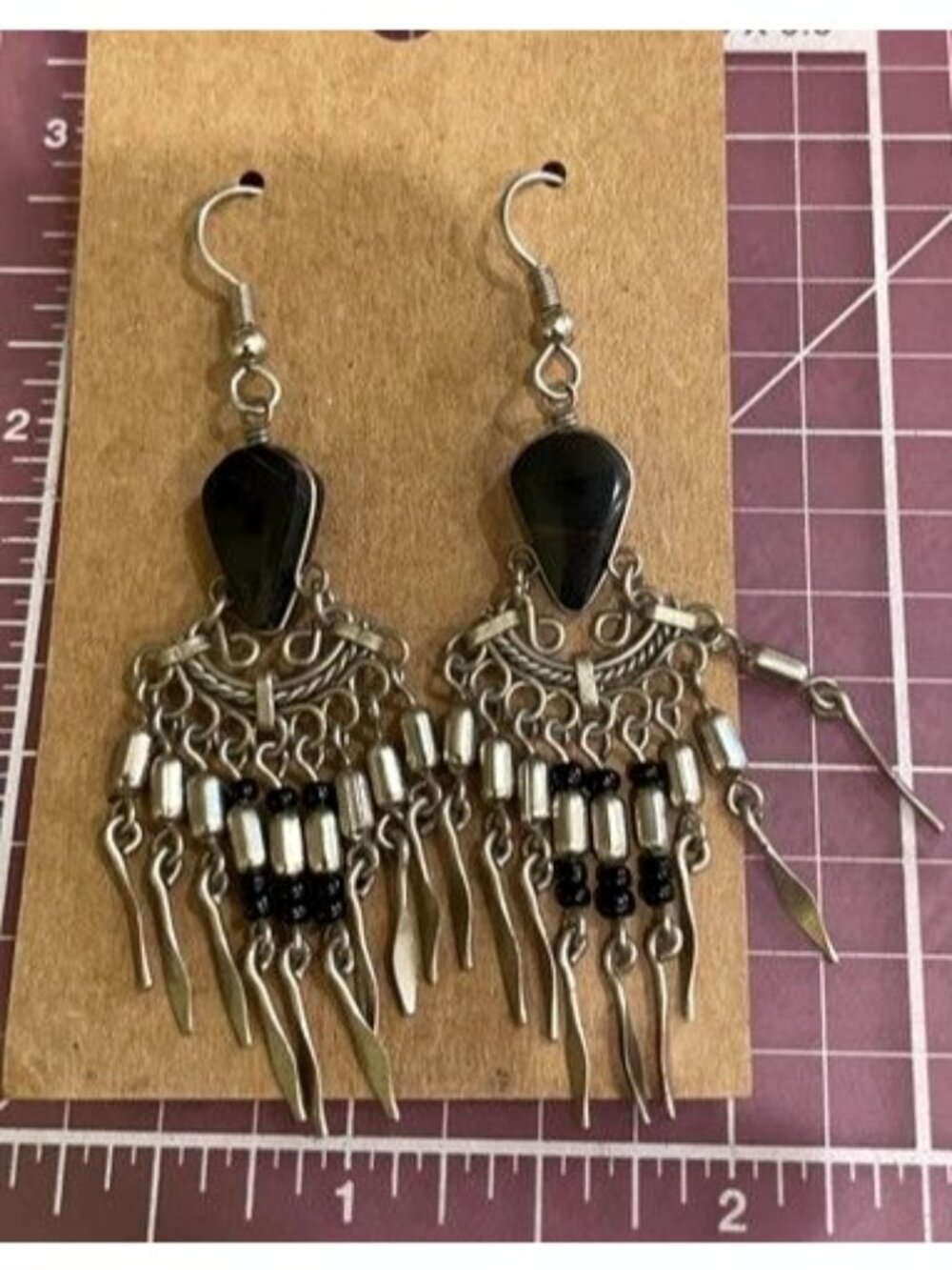 Vintage Boho Silver Tone Chandelier Earrings Black Onyx Inlay & Dangle Fringe